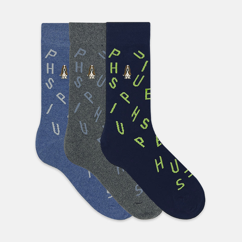 3prs Men Full Print Full Length Socks With Dog Embroidery | Cotton Spandex | HMS479554