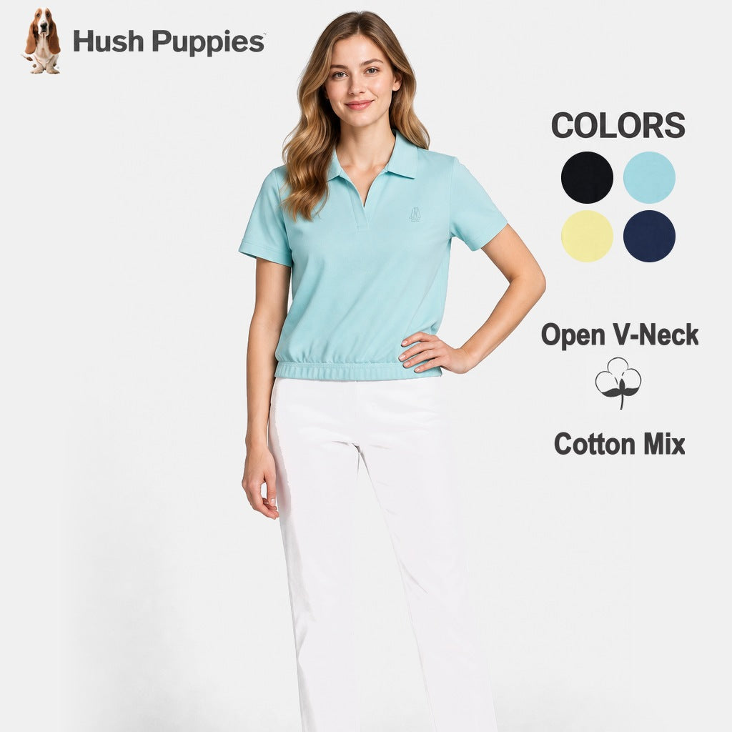 Women's Open V-Neck Mini Polo with Banded Hem | Cotton Blend | HLP651108