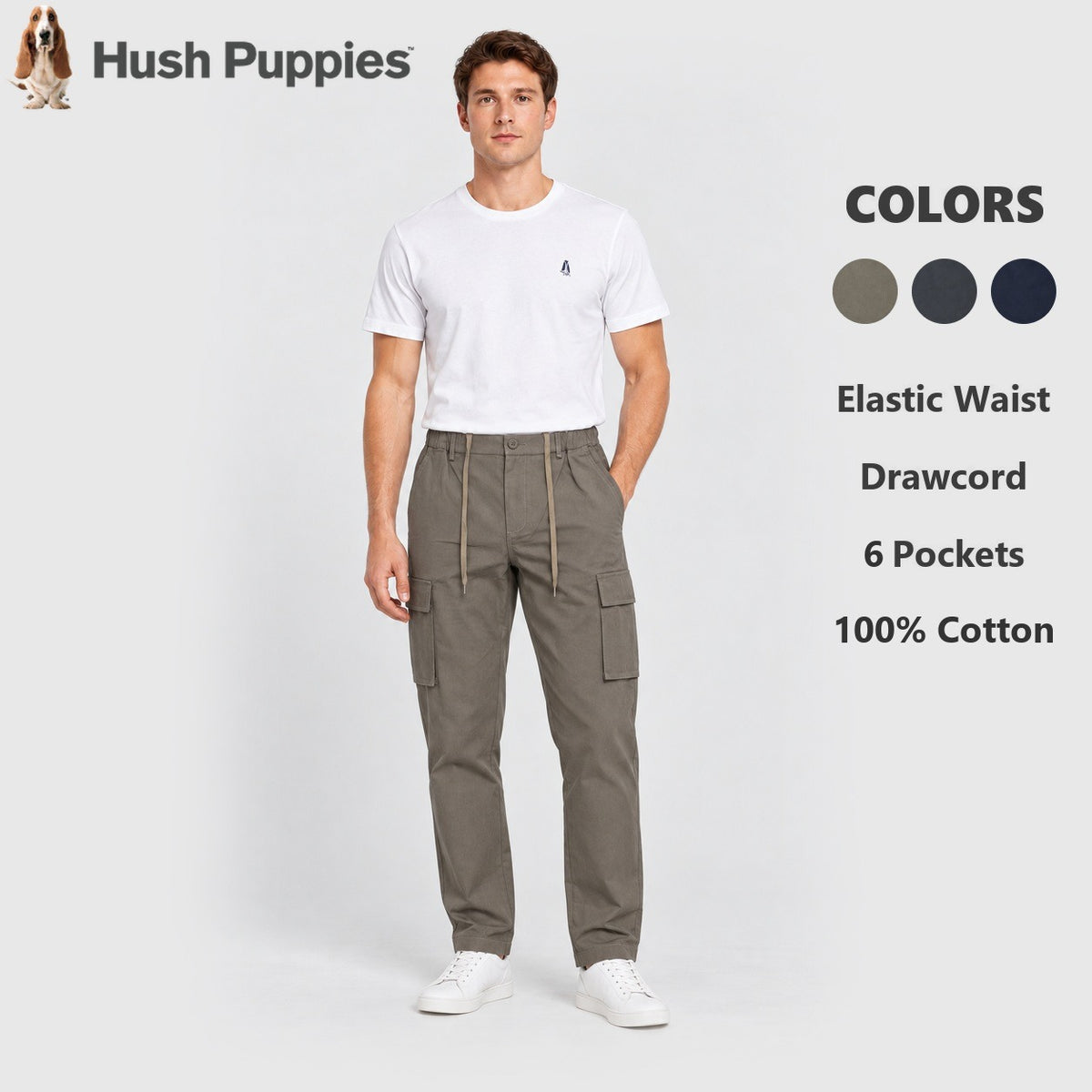 Men's Straight Cut Cargo Pants with Elastic Waist and Drawcord | 100% Cotton | HMJ651018