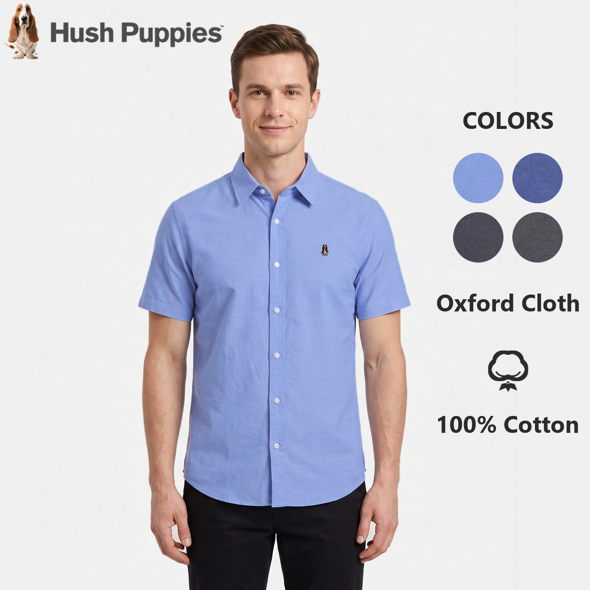 Men's Short Sleeve Oxford Shirt with Dog Embroidery | 100% Cotton | HMW651103