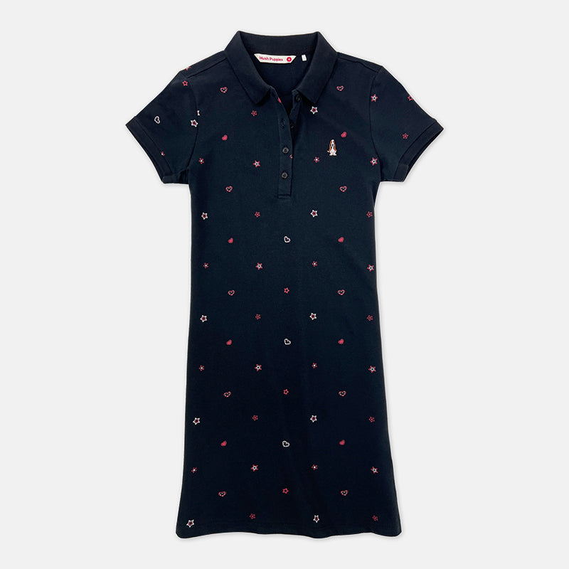 Ladies' Full Print Polo Dress With Small Dog Embroidery | Pique Cotton | HLD379033