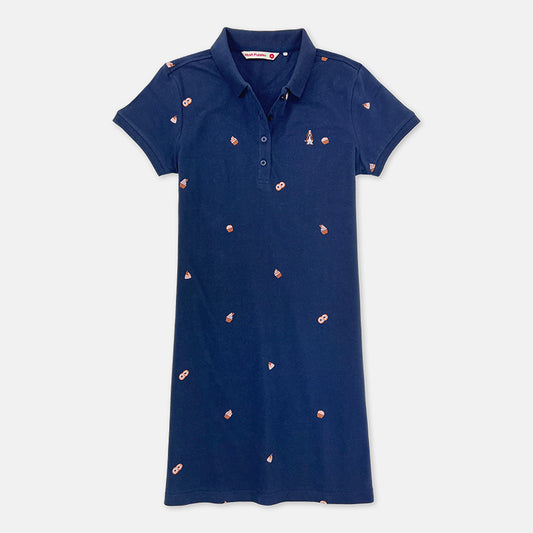 Ladies' Full Print Polo Dress With Small Dog Embroidery | Pique Cotton | HLD379035