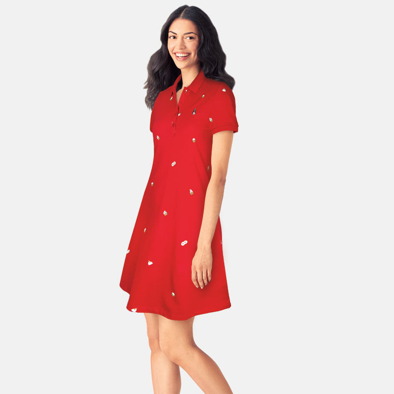 Ladies' Full Print Polo Dress With Small Dog Embroidery | Pique Cotton | HLD379035