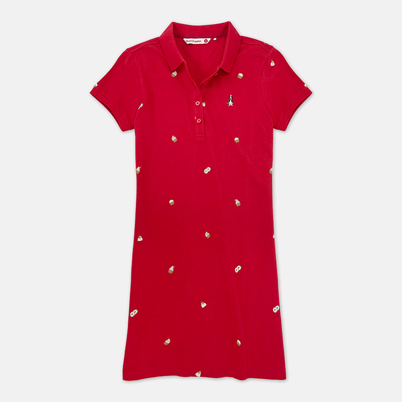 Ladies' Full Print Polo Dress With Small Dog Embroidery | Pique Cotton | HLD379035