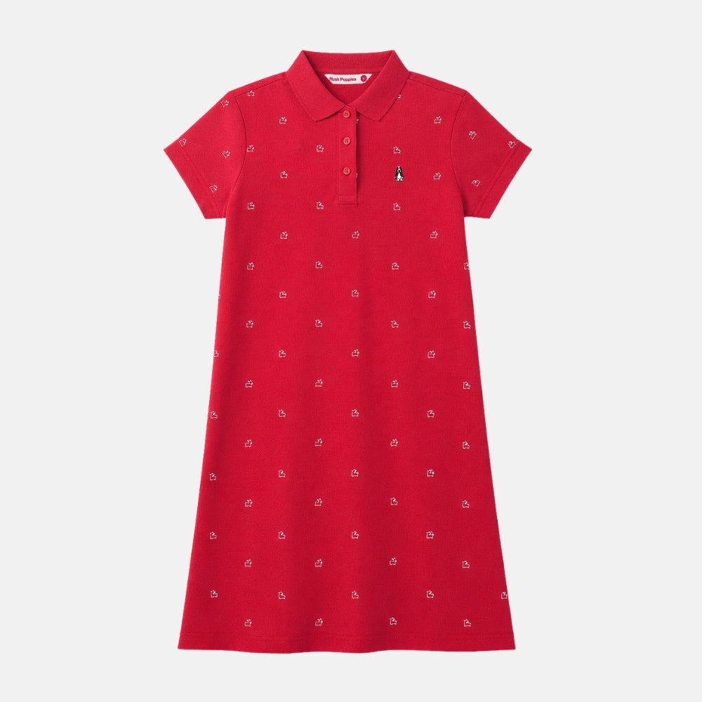 Ladies' Full Print Polo Dress With Small Dog Embroidery | Cotton Spandex | HLD579809