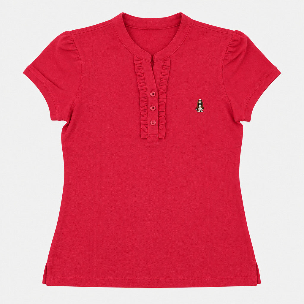 Women's Mandarin Collar Polo with Ruffle Placket | Cotton Blend | HLP601049