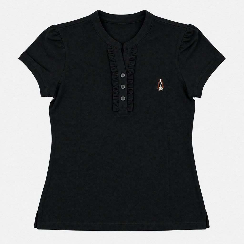 Women's Mandarin Collar Polo with Ruffle Placket | Cotton Blend | HLP601049