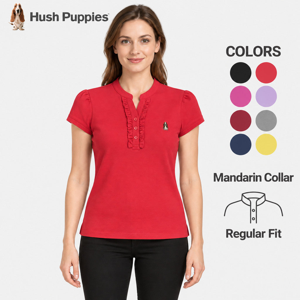 Women's Mandarin Collar Polo with Ruffle Placket | Cotton Blend | HLP601049