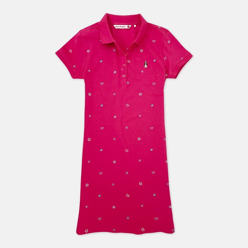 Ladies' Full Print Polo Dress With Small Dog Embroidery | Pique Cotton | HLD379033