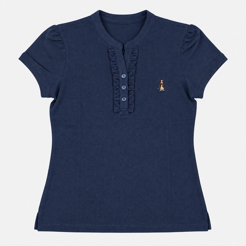 Women's Mandarin Collar Polo with Ruffle Placket | Cotton Blend | HLP601049