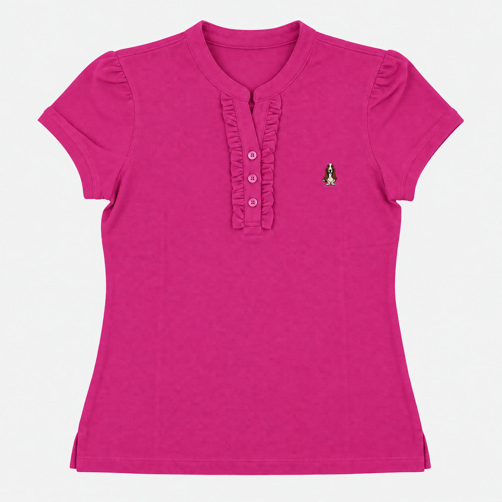 Women's Mandarin Collar Polo with Ruffle Placket | Cotton Blend | HLP601049